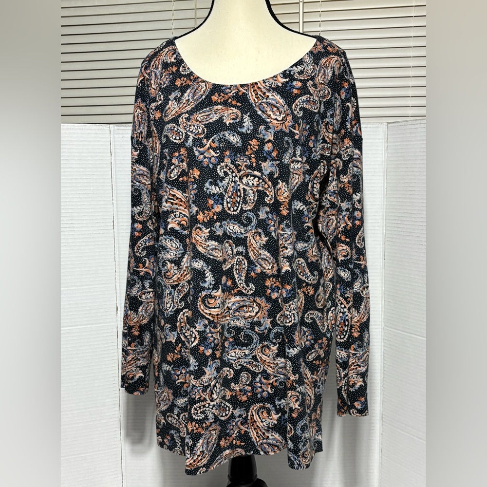 j Jill Med Paisley Print Long Sleeve Top Boat neck 100% sertima cotton 27” L